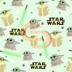 May include: A repeating pattern featuring the character Grogu from Star Wars, with green lightsabers and the Star Wars logo on a light green background with stars. The character is depicted in various poses, wearing a tan robe.