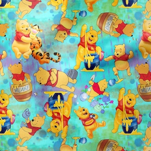 May include: A repeating pattern featuring Winnie the Pooh characters. The design includes Winnie the Pooh, Tigger, and honey pots on a teal and blue background. The characters are in various poses.