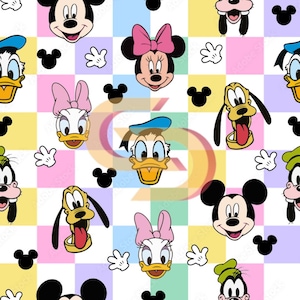 Può includere: Un motivo colorato con i personaggi dei cartoni animati Topolino, Minnie, Paperino, Paperina, Pluto e Pippo. Il design include volti di personaggi, sagome di Topolino e guanti bianchi su uno sfondo a scacchi giallo, rosa e lavanda.