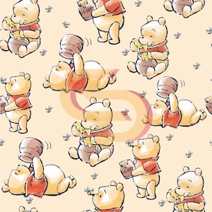 May include: A repeating pattern featuring Winnie the Pooh in various poses. The cartoon bear is depicted in a red shirt, eating honey from a pot and a "Hunny" container. Small bees are scattered across the light yellow background.