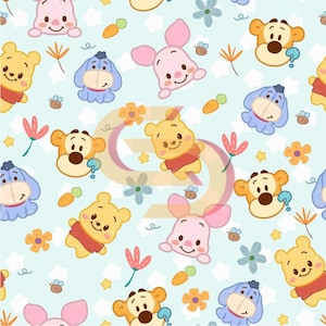 May include: A repeating pattern featuring cartoon characters, including a yellow bear in a red shirt, a pink pig, a blue donkey, and a tiger. The background is light blue with white clouds, flowers, carrots, and bees.