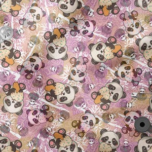 May include: A repeating pattern of cartoon pandas with ice cream cones on a pink background. The pandas are black, white, and brown, with pink accents. The background has bamboo and floral elements.