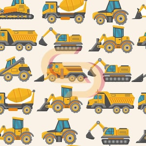 Puede incluir: Un patrón repetido de vehículos de construcción amarillos, incluyendo excavadoras, camiones volquete y hormigoneras, sobre un fondo beige claro. Los vehículos están representados en un estilo de dibujos animados.