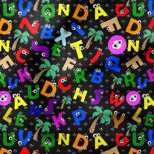 May include: A black fabric with a repeating pattern of colorful, cartoon-like letters and palm trees. The letters have googly eyes and are in various colors, including red, blue, yellow, and green. Small white floral accents are scattered throughout.