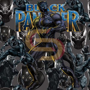May include: A repeating pattern featuring the Black Panther superhero in various action poses. The design includes the words "BLACK PANTHER" in a blue and gold font, set against a grey background. The illustrations showcase the character's iconic black suit and mask.