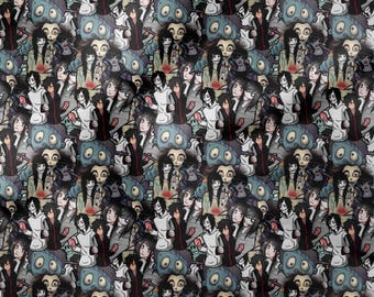 Op de afbeelding: Een herhalend patroon met stripfiguren met zwart haar, witte hoodies en rode accenten. Het ontwerp bevat zombie-achtige figuren met een blauwe huid en grote ogen, wat een donkere, gestileerde esthetiek creëert.