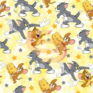 May include: A repeating pattern featuring cartoon characters Tom and Jerry on a yellow background. The design includes gray cats, brown mice, cheese wedges, orange stars, and gray stars. The characters are in various action poses.