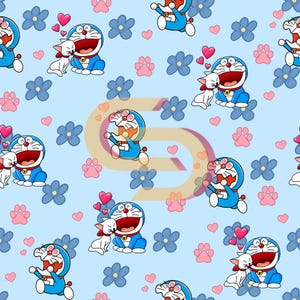 Könnte beinhalten: Ein sich wiederholendes Muster auf hellblauem Hintergrund mit der Zeichentrickfigur Doraemon, einer blauen Roboterkatze, mit einer weißen Katze. Rosa Herzen, Pfotenabdrücke und blaue Blumen vervollständigen das Design.
