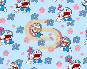 Cute Cartoon Cat  Robot Seamless Pattern | Blue Kawaii Digital Paper | Love Hearts & Paw Prints Background | Fabric Scrapbooking Design