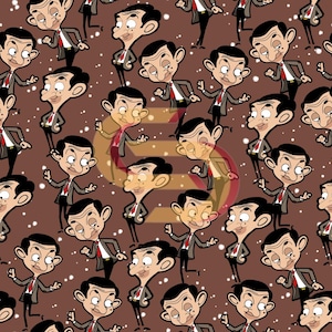May include: A repeating pattern featuring the cartoon character Mr. Bean in various poses. The character is dressed in a gray suit, red tie, and white shirt, set against a brown background with white speckles.