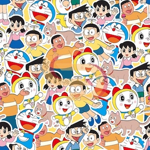 Puede incluir: Un patrón vibrante y repetitivo con personajes de la serie de anime Doraemon. El diseño incluye a Doraemon, Nobita, Shizuka y otros personajes en varias poses, con un fondo amarillo.