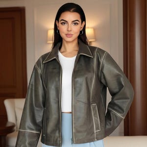 Jaren 90 oversized, verweerd leren jack vintage grunge bikerjas