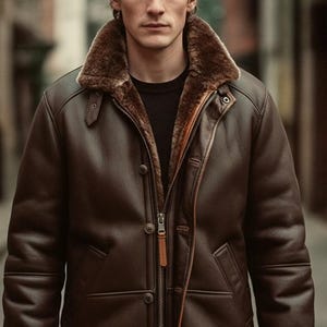 Handgemaakte bruine jas van schapenvacht echt schapenvachtleer winter bovenkleding jas