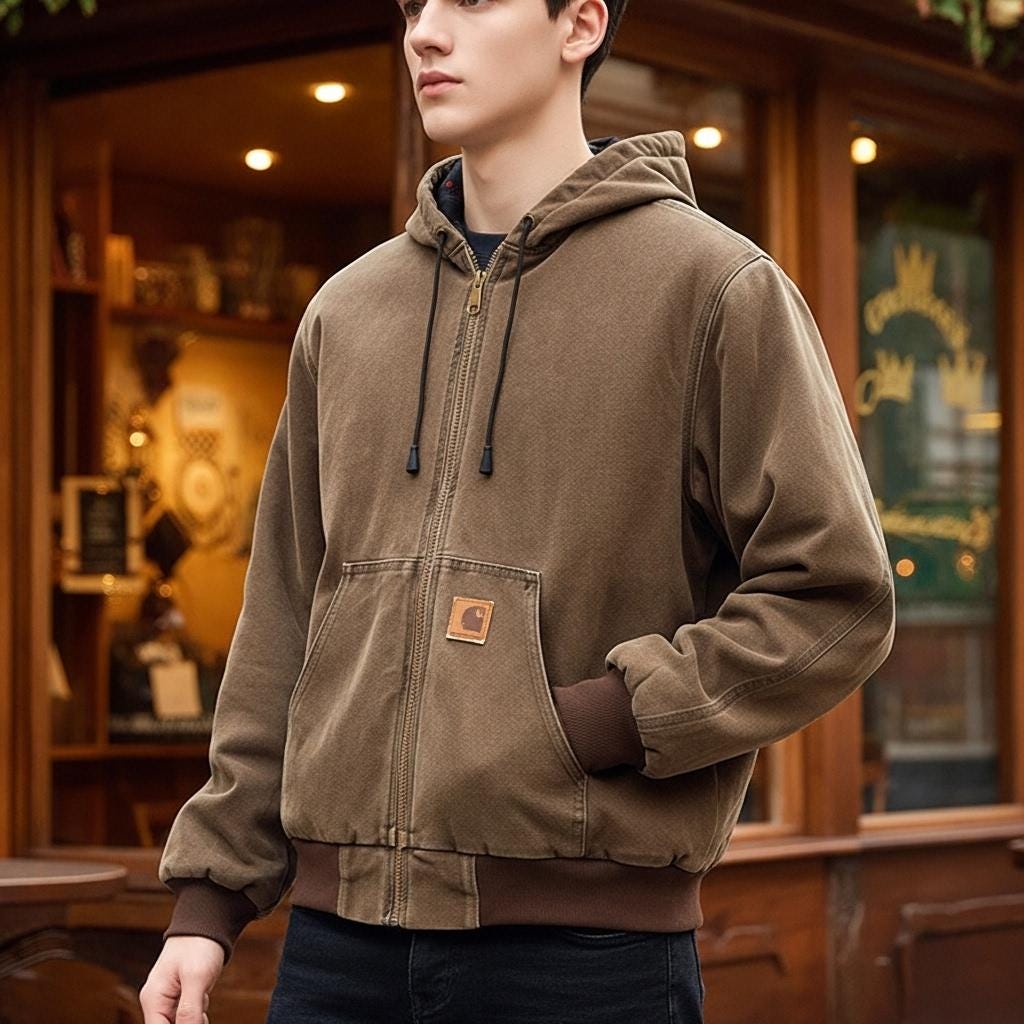 Vintage 90s Carhartt Jacket, Mens Quilted Hoodie | Chestnut Brown