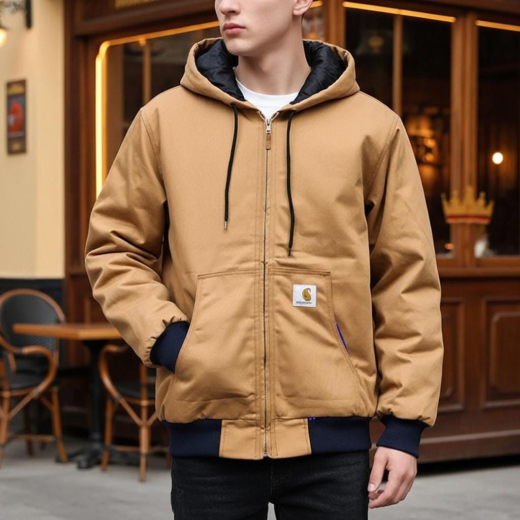 Carhartt スタジャン Mサイズ Carhartt Reworked Jacket | Mens Upcycled Hooded Coat | Tan Full