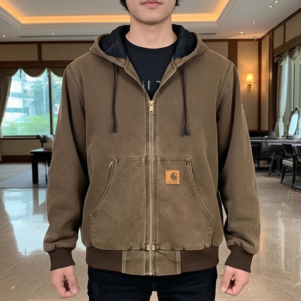 Vintage 90s Carhartt Jacket, Mens Quilted Hoodie | Chestnut Brown