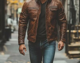 ブラウンのスリムフィットバイカー本革ジャケット | メンズ