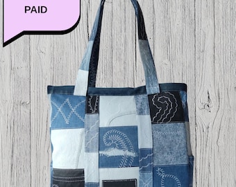 Patchwork Denim Tote Bag, Recycled Jeans, Zipper Closure, College Bag