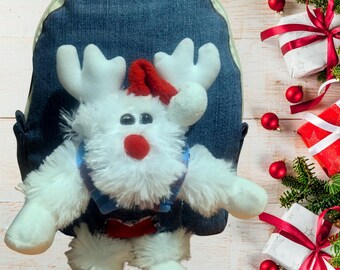 Upcycled Denim Kids Backpack with Plush Toy, Ages 3-6