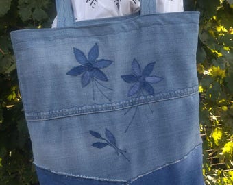 Eco denim tote bag “TWO FLOWERS” – practical and convenient, Casual Shoulder Bag