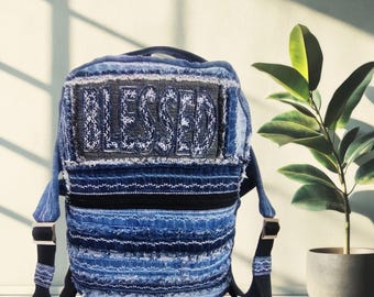 Blessed Upcycled Denim Backpack, Boho Fringe, Tablet Pocket