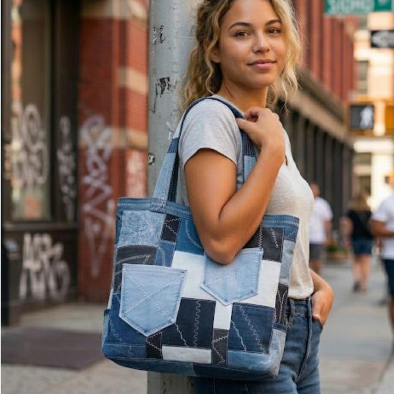 Pu&ograve; includere: Una borsa tote in denim patchwork con quadrati di denim blu di varie tonalit&agrave; e due tasche frontali. La borsa ha cinghie robuste e una forma rettangolare, ideale per trasportare l'essenziale. La borsa &egrave; portata a spalla.