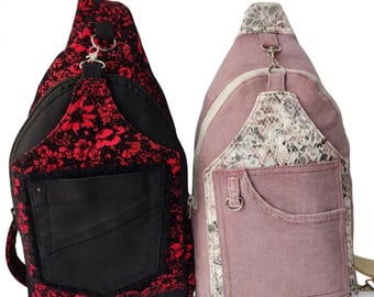 Women's Crossbody Sling Bag – Black Denim & Velvet with Red Floral Pattern, Messenger Bag  Style