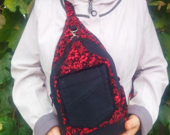 Denim Velvet Crossbody Bag, Red Floral Sling Bag