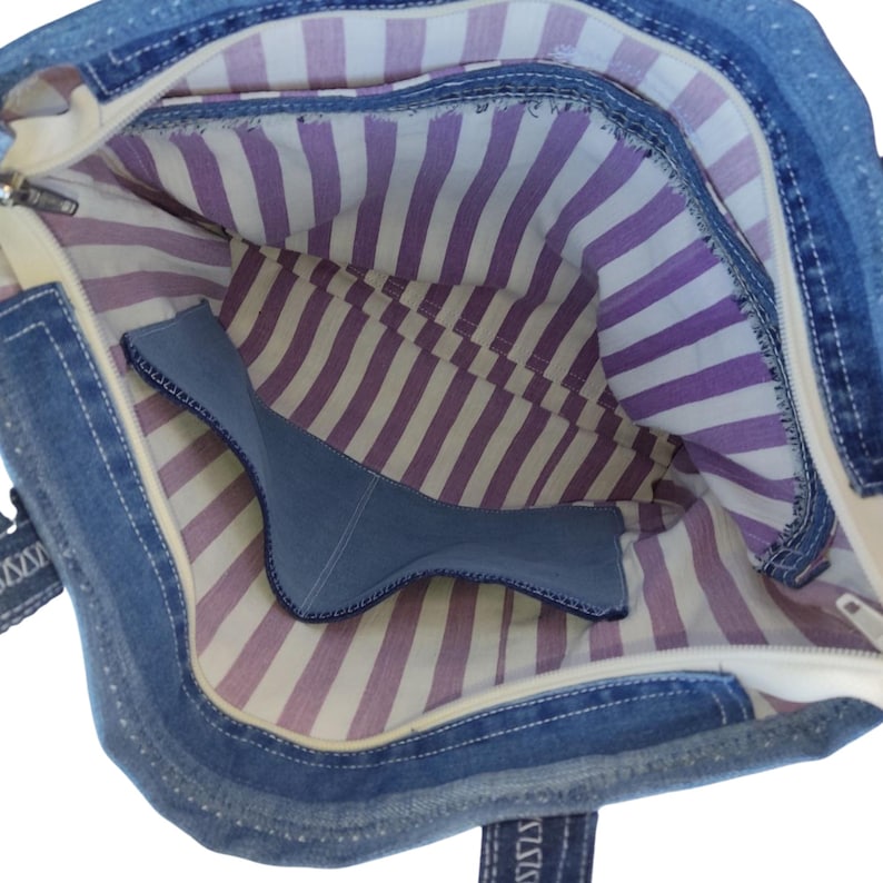 Borsa tote in patchwork di denim riciclato: borsa a tracolla grande realizzata a mano per l'uso quotidiano. immagine 3