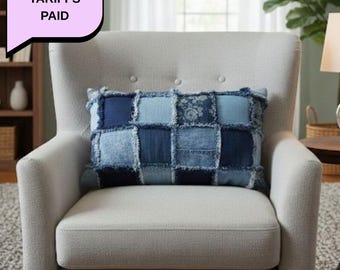 Fodera per cuscino lombare in denim riciclato con patchwork – Decorazione per divano in stile boho, cuscino unico nel suo genere