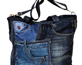 Unique Upcycled Denim Convertible Bag Backpack Tote - Multifunctional Travel and Everyday bag