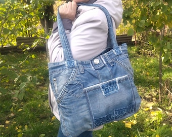 Boho Denim Tote Bag, Upcycled Jeans Bag, Handmade Eco Friendly Women Shoulder Bag, Large Everyday Boho Tote