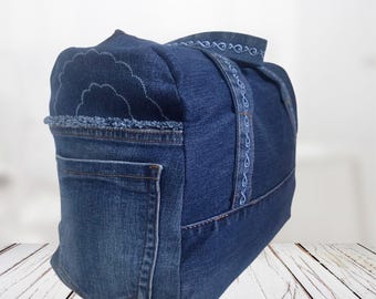 Denim weekend bag - handmade travel bag with vintage jeans pockets