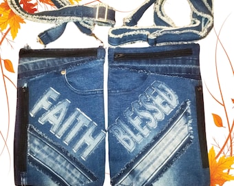 Faith Denim crossbody Bag / Blessed clutch / Christian Gift / Upcycled Jeans Messenger / Handmade Eco Bag
