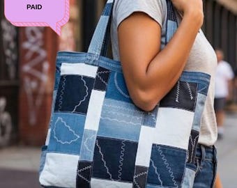 Recycled Denim Patchwork Tote Bag: Large Handmade Shoulder Bag for Everyday Use