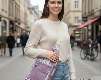 Upcycled Denim Sling Bag, Floral Crossbody Backpack, Eco Friendly