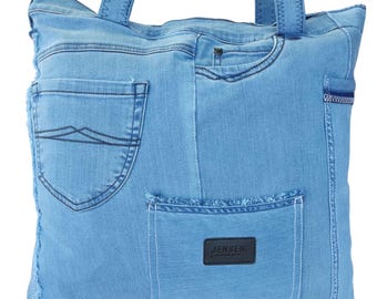 Upcycled Denim Tote Bag, Large Recycled Jeans Shoulder Bag, Boho Multi Pocket