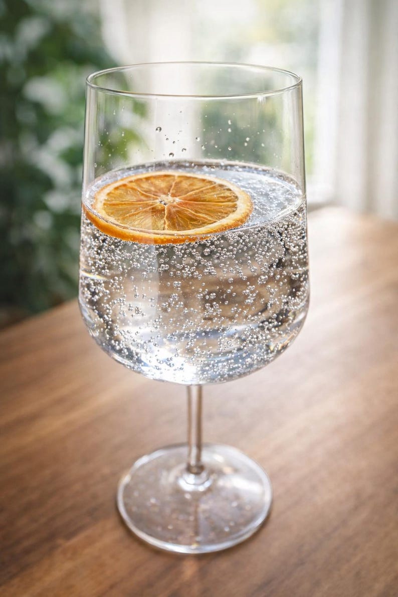 May include: A tall, clear wine glass filled with sparkling water and a slice of dried orange. The glass sits on a wooden surface. The drink is bubbly and refreshing, perfect for a summer day.