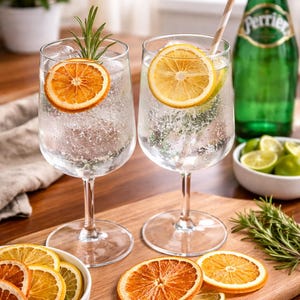May include: Two stemmed glasses filled with a clear beverage, garnished with orange and lemon slices, and rosemary sprigs. A green Perrier bottle and a bowl of limes are in the background. Sliced citrus fruits and rosemary are on a wooden cutting board.