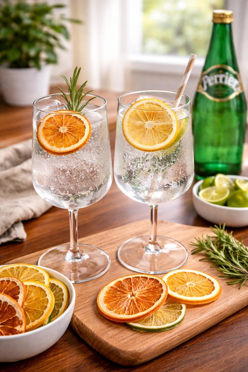 May include: Two stemmed glasses filled with a clear beverage, garnished with orange and lemon slices, and rosemary sprigs. A green Perrier bottle and a bowl of limes are in the background. Sliced citrus fruits and rosemary are on a wooden cutting board.