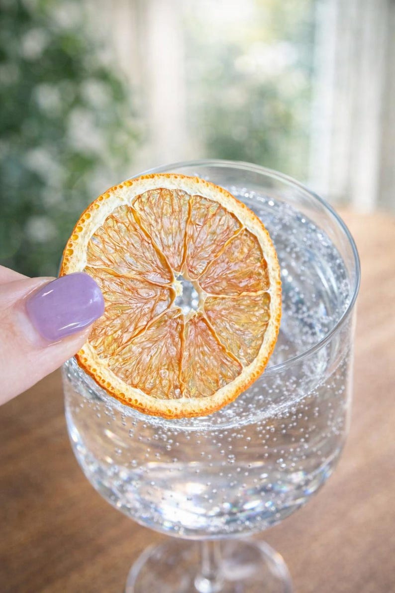 May include: A clear glass filled with a bubbly, clear liquid, possibly a cocktail or sparkling water, with a dried orange slice garnish. The orange slice is held near the glass. The background is blurred, suggesting a natural outdoor setting.