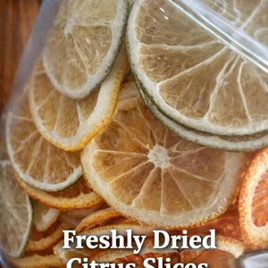 May include: A clear glass jar filled with freshly dried citrus slices. The slices are a mix of oranges, lemons, and limes, with a variety of colors from light yellow to deep orange. Text on the jar reads "Freshly Dried Citrus Slices."
