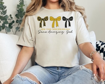 New Year New Beginnings Same Amazing God Shirt, New Year Quote T Shirt, New Year 2026 Sweashirt, New Years Tee, Faux Leopard New Year Tee