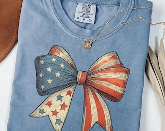 Comfort Colors®4th of July Shirt, Coquette American Flag Shirt, USA Bow Shirt, 4th of July Tee, Women's Patriotic Shirt, Red White and Blue