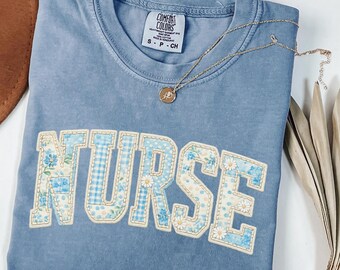 Comfort Colors® Nurse Shirt, Faux Patchwork RN Tee, Floral Toile Nursing Tee, Nurse Graduation Gift, Registered Nurse Gift, Gift for Nurse