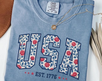 Comfort Colors®USA Shirt, 4th of July shirt, floral USA tee, summer patriotic shirt for women, America est 1776 shirt, red white blue shirt