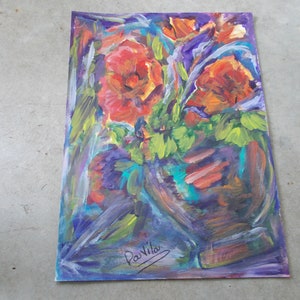 Original Vibrant Poppies in tilted vase mixed media watercolor and acrylic by Texas Artist Davila, signed. Size is 11x15 image 2