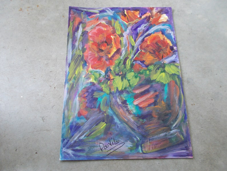 Original Vibrant Poppies in tilted vase mixed media watercolor and acrylic by Texas Artist Davila, signed. Size is 11x15 image 2