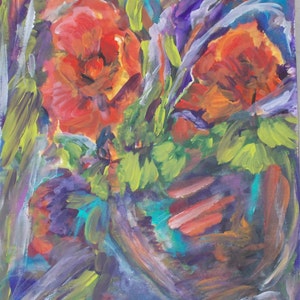 Original Vibrant Poppies in tilted vase mixed media watercolor and acrylic by Texas Artist Davila, signed. Size is 11x15 image 1