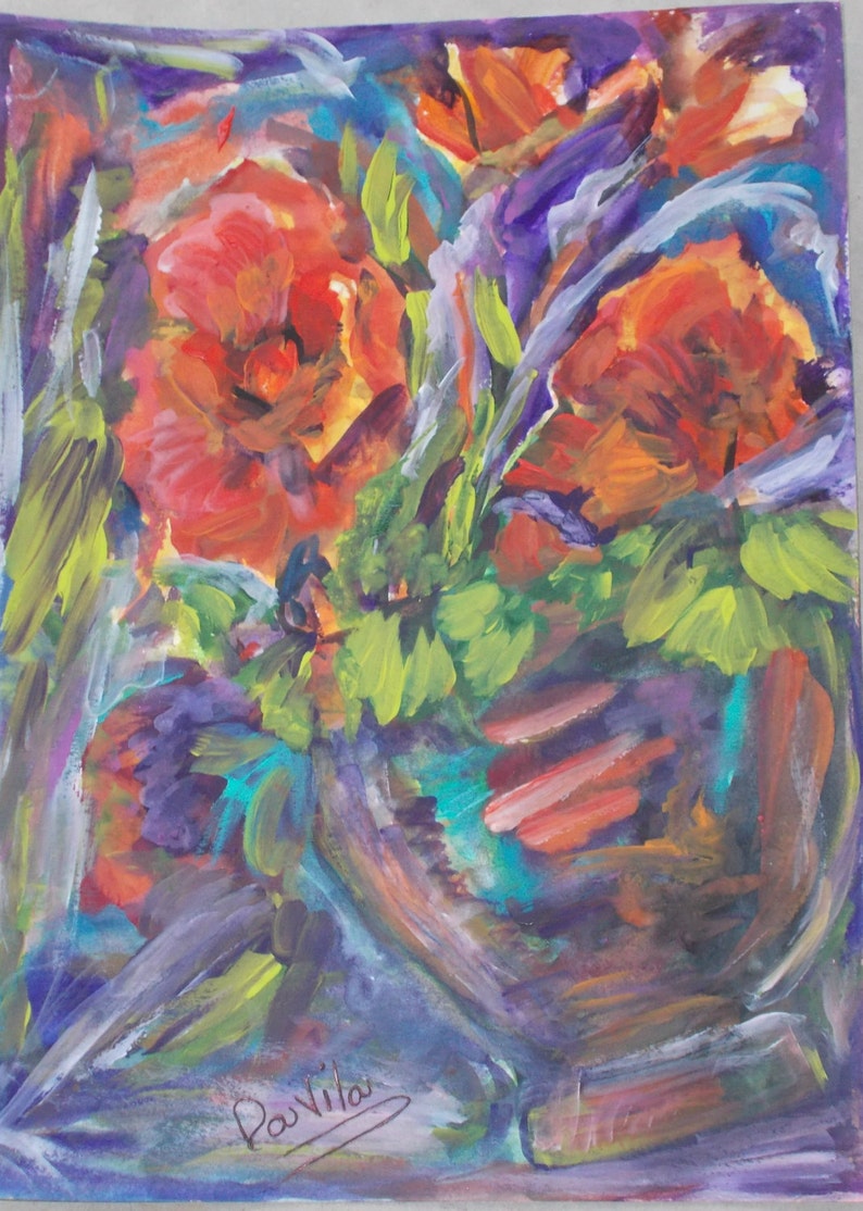 Original Vibrant Poppies in tilted vase mixed media watercolor and acrylic by Texas Artist Davila, signed. Size is 11x15 image 1